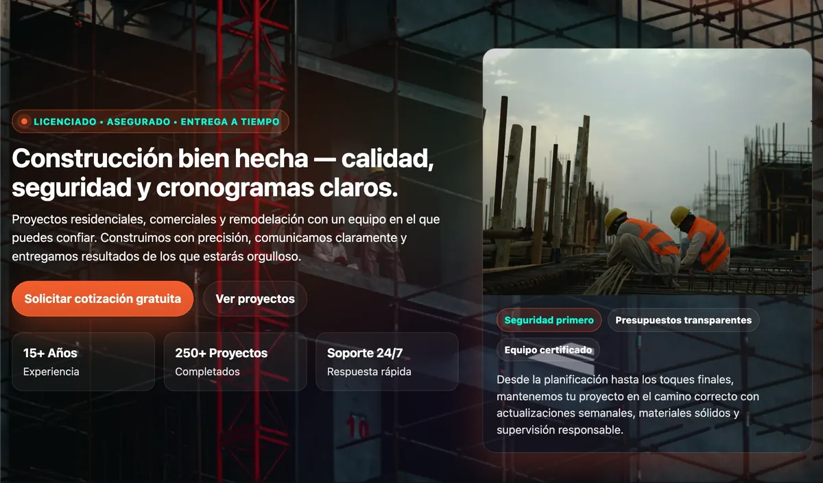 Vista previa de landing para construccion