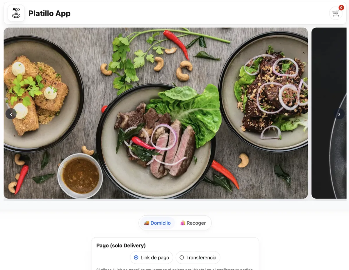 Vista previa de ecommerce platillo app