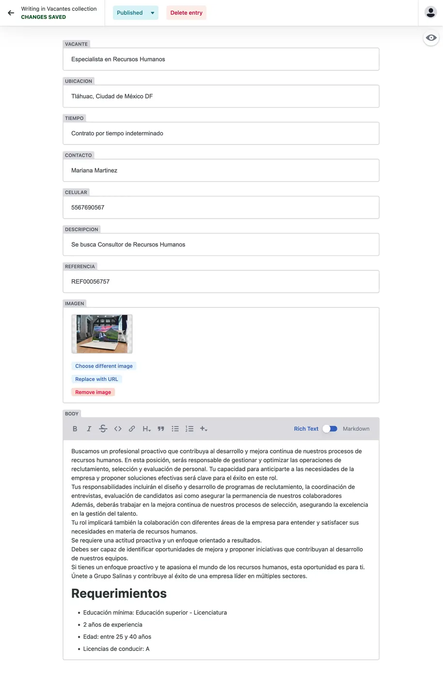 CMS - edición de vacante